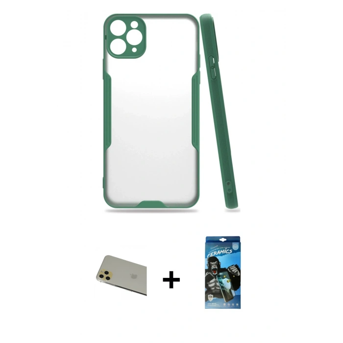 MARSİLYAN™- iPhone 11 Pro Max Kılıf Atlas Asil Serisi - Siyah 34D Izgaralı Cam + Rainbow Kamera Lens Koruma Cam - GD