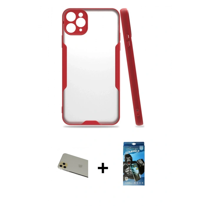 MARSİLYAN™- iPhone 11 Pro Max Kılıf Atlas Asil Serisi - Siyah 34D Izgaralı Cam + Rainbow Kamera Lens Koruma Cam - GD