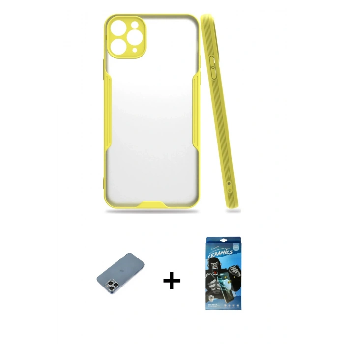 MARSİLYAN™- iPhone 11 Pro Max Kılıf Atlas Asil Serisi - Siyah 34D Izgaralı Cam + Shine Kamera Lens Koruma Cam - GS
