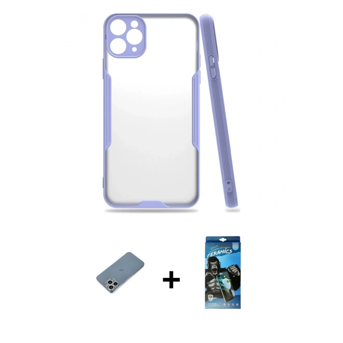 MARSİLYAN™- iPhone 11 Pro Max Kılıf Atlas Asil Serisi - Siyah 34D Izgaralı Cam + Shine Kamera Lens Koruma Cam - GS