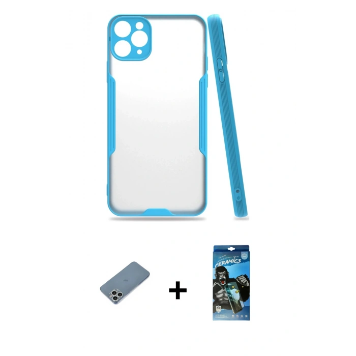MARSİLYAN™- iPhone 11 Pro Max Kılıf Atlas Asil Serisi - Siyah 34D Izgaralı Cam + Shine Kamera Lens Koruma Cam - GS