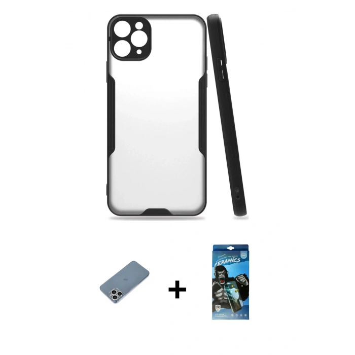 MARSİLYAN™- iPhone 11 Pro Max Kılıf Atlas Asil Serisi - Siyah 34D Izgaralı Cam + Shine Kamera Lens Koruma Cam - GS