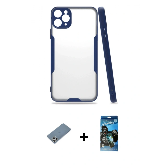 MARSİLYAN™- iPhone 11 Pro Max Kılıf Atlas Asil Serisi - Siyah 34D Izgaralı Cam + Shine Kamera Lens Koruma Cam - GS