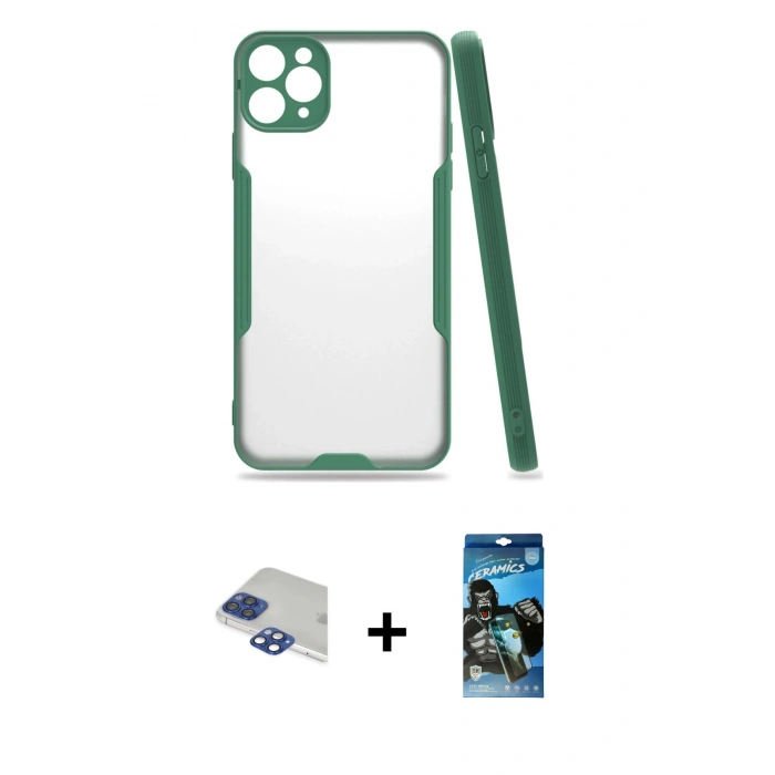 MARSİLYAN™- iPhone 11 Pro Max Kılıf Atlas Asil Serisi - Siyah 34D Izgaralı Cam + Pers Alüminyum Kamera Lens - LT