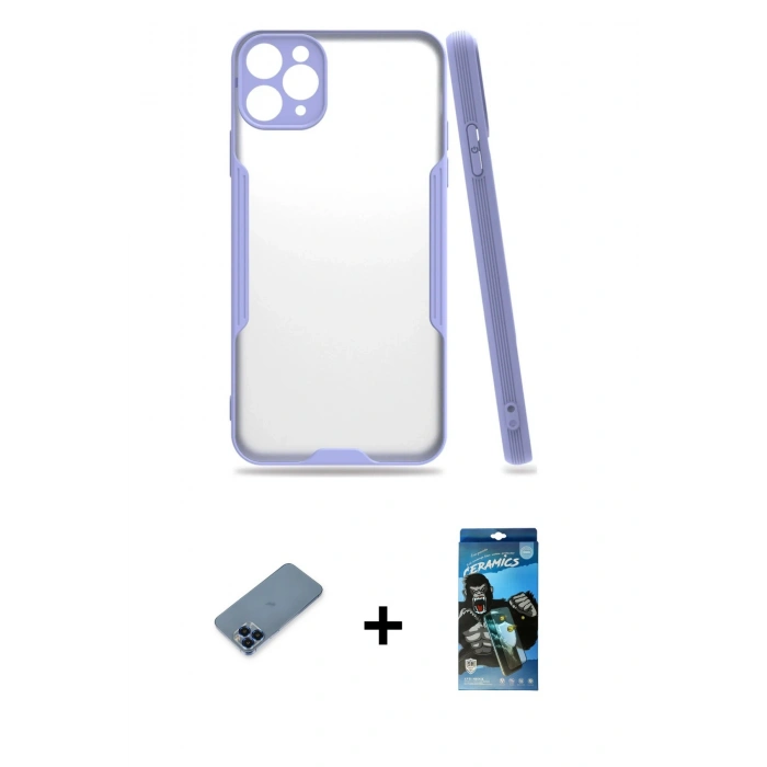 MARSİLYAN™- iPhone 11 Pro Max Kılıf Atlas Asil Serisi - Siyah 34D Izgaralı Cam + Metal Kamera Lens Koruma Cam - MI