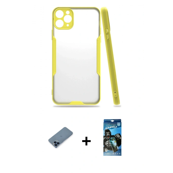 MARSİLYAN™- iPhone 11 Pro Max Kılıf Atlas Asil Serisi - Siyah 34D Izgaralı Cam + Metal Kamera Lens Koruma Cam - MI