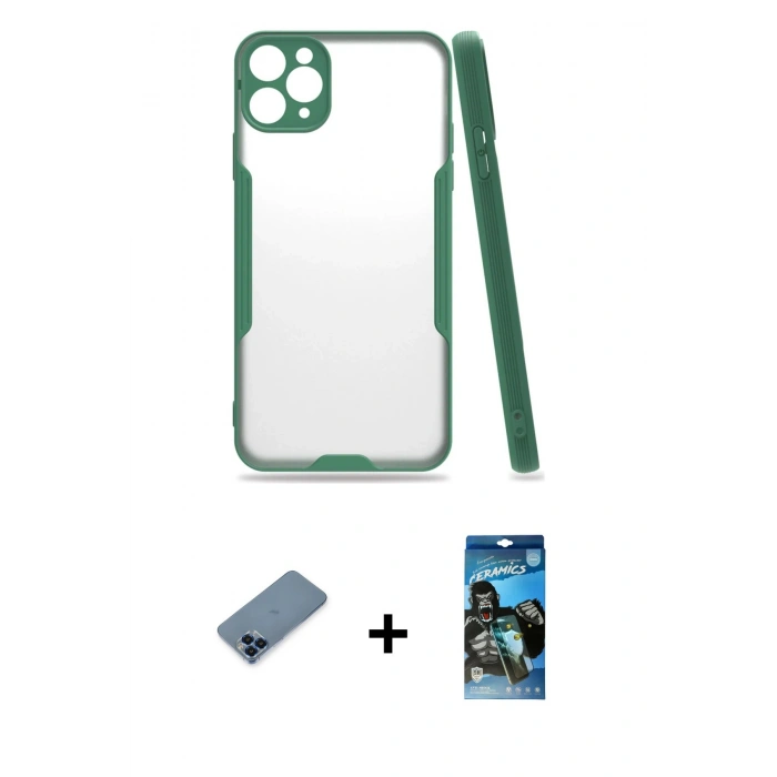 MARSİLYAN™- iPhone 11 Pro Max Kılıf Atlas Asil Serisi - Siyah 34D Izgaralı Cam + Metal Kamera Lens Koruma Cam - MI