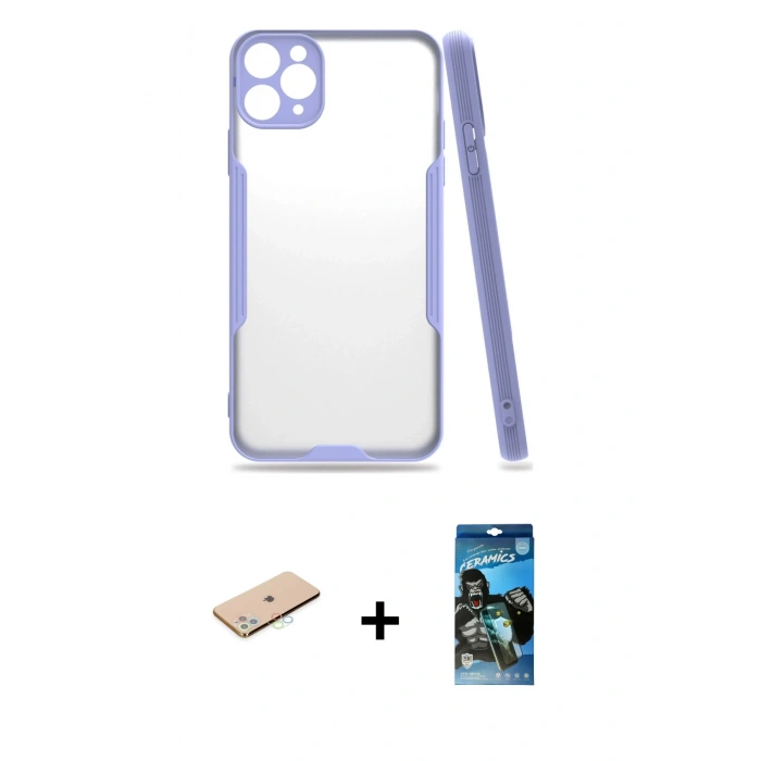 MARSİLYAN™- iPhone 11 Pro Max Kılıf Atlas Asil Serisi - Siyah 34D Izgaralı Cam + Renkli Kamera Lens Koruma Cam - MI