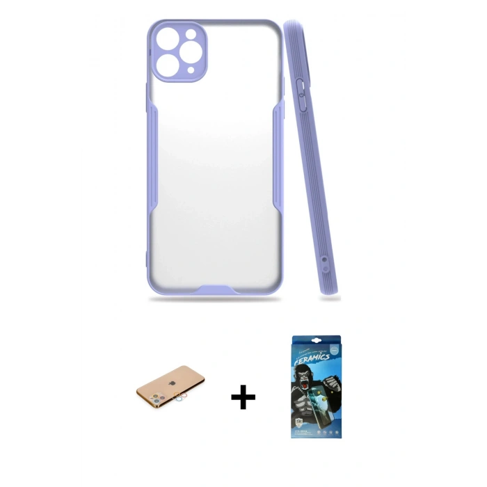MARSİLYAN™- iPhone 11 Pro Max Kılıf Atlas Asil Serisi - Siyah 34D Izgaralı Cam + Renkli Kamera Lens Koruma Cam - PE