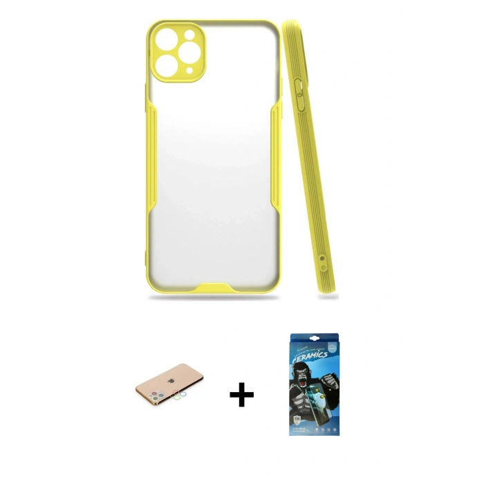 MARSİLYAN™- iPhone 11 Pro Max Kılıf Atlas Asil Serisi - Siyah 34D Izgaralı Cam + Renkli Kamera Lens Koruma Cam - MI