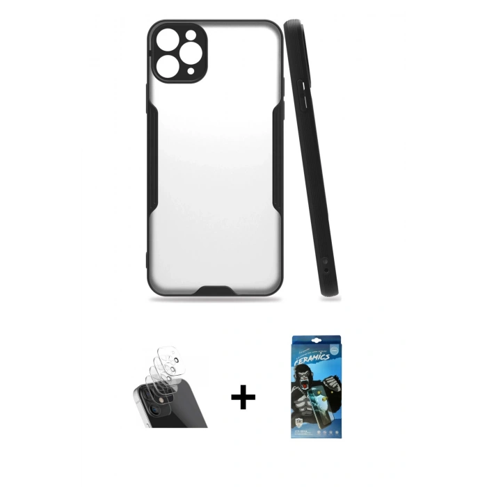 MARSİLYAN™- iPhone 11 Pro Max Kılıf Atlas Asil Serisi - Siyah 34D Izgaralı Cam + Kamera Lens Koruma Cam - SF