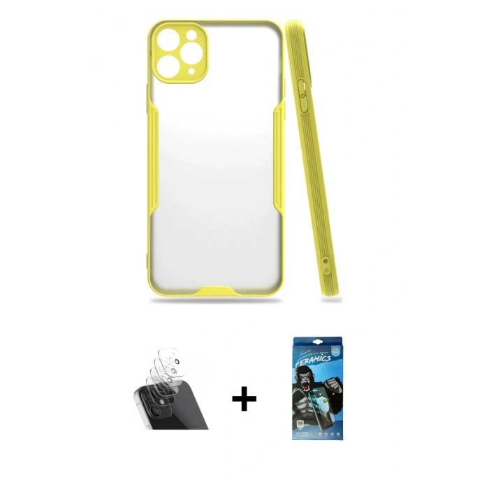 MARSİLYAN™- iPhone 11 Pro Max Kılıf Atlas Asil Serisi - Siyah 34D Izgaralı Cam + Kamera Lens Koruma Cam - SF