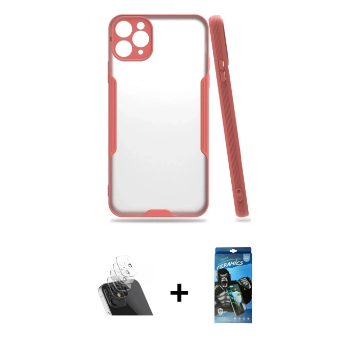 MARSİLYAN™- iPhone 11 Pro Max Kılıf Atlas Asil Serisi - Siyah 34D Izgaralı Cam + Kamera Lens Koruma Cam - SF