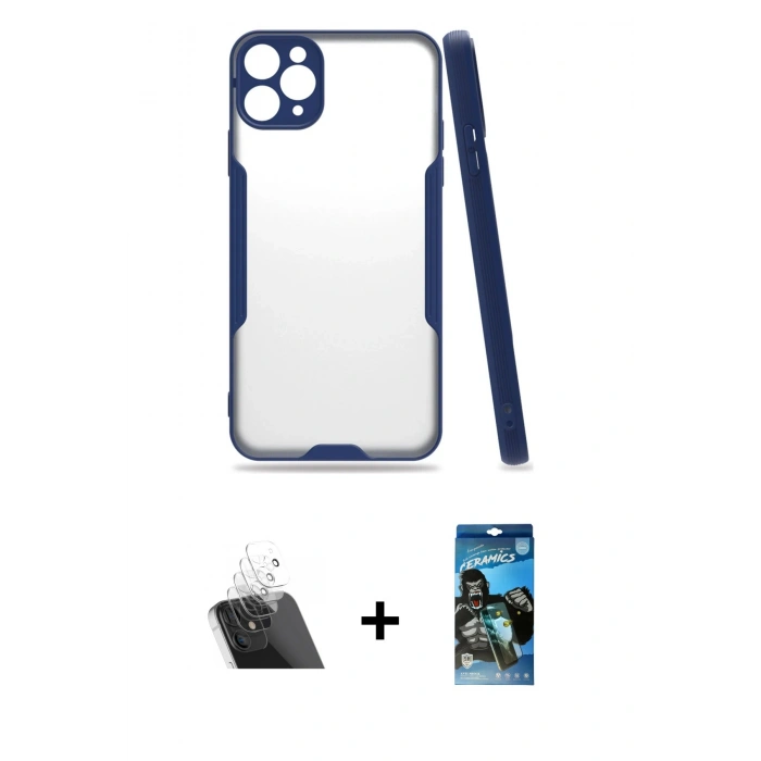 MARSİLYAN™- iPhone 11 Pro Max Kılıf Atlas Asil Serisi - Siyah 34D Izgaralı Cam + Kamera Lens Koruma Cam - SF