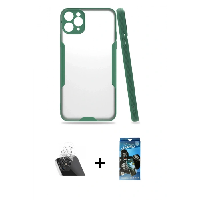 MARSİLYAN™- iPhone 11 Pro Max Kılıf Atlas Asil Serisi - Siyah 34D Izgaralı Cam + Kamera Lens Koruma Cam - SF