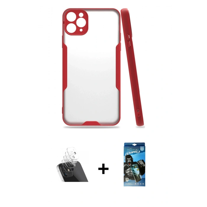 MARSİLYAN™- iPhone 11 Pro Max Kılıf Atlas Asil Serisi - Siyah 34D Izgaralı Cam + Kamera Lens Koruma Cam - SF