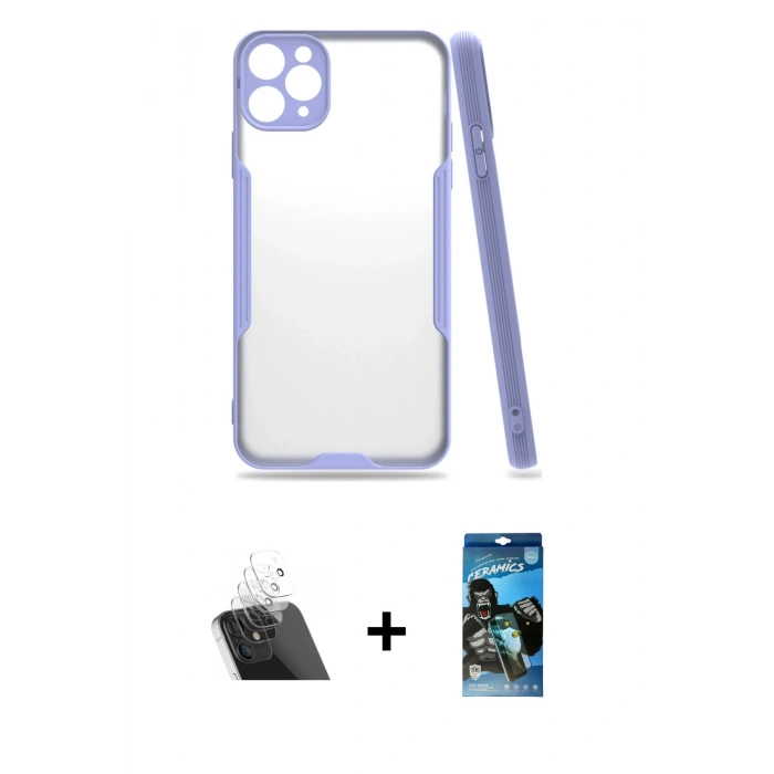 MARSİLYAN™- iPhone 11 Pro Max Kılıf Atlas Asil Serisi - Siyah 34D Izgaralı Cam + Kamera Lens Koruma Cam - SF