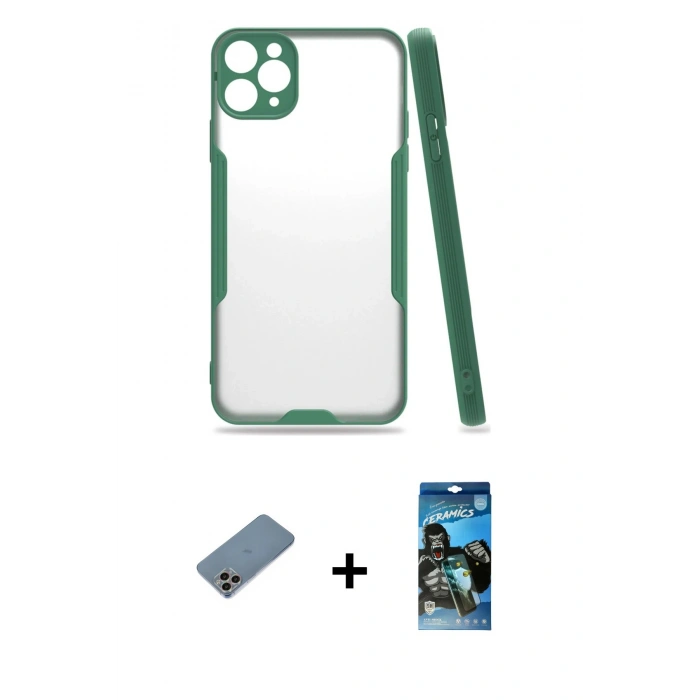 MARSİLYAN™- iPhone 11 Pro Max Kılıf Atlas Asil Serisi - Siyah 34D Izgaralı Cam + Shine Kamera Lens Koruma Cam - GI