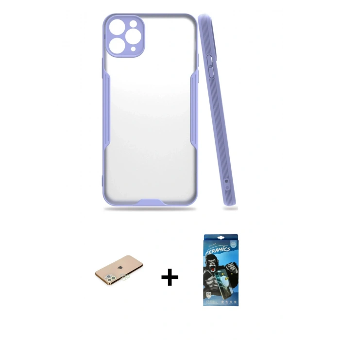 MARSİLYAN™- iPhone 11 Pro Max Kılıf Atlas Asil Serisi - Siyah 34D Izgaralı Cam + Renkli Kamera Lens Koruma Cam - YL