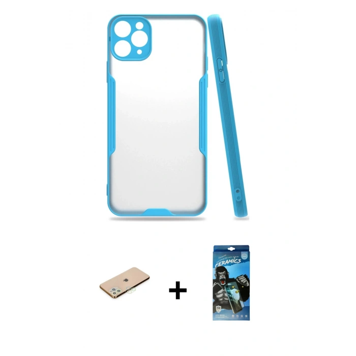 MARSİLYAN™- iPhone 11 Pro Max Kılıf Atlas Asil Serisi - Siyah 34D Izgaralı Cam + Renkli Kamera Lens Koruma Cam - YL