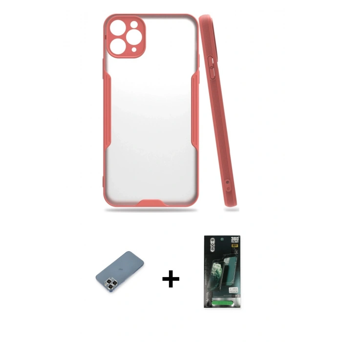 MARSİLYAN™- iPhone 11 Pro Max Kılıf Atlas Asil Serisi - Siyah 360 Mat Full Body Arka Koruyucu + Metal Kamera Lens Koruma Cam - GS