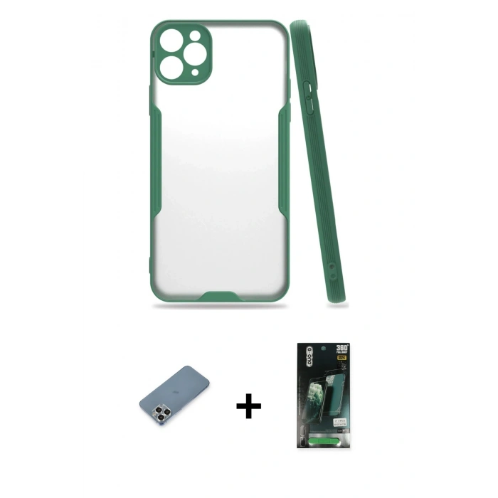 MARSİLYAN™- iPhone 11 Pro Max Kılıf Atlas Asil Serisi - Siyah 360 Mat Full Body Arka Koruyucu + Metal Kamera Lens Koruma Cam - GS