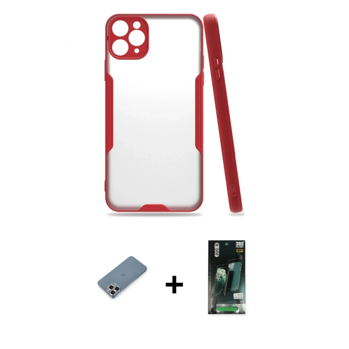 MARSİLYAN™- iPhone 11 Pro Max Kılıf Atlas Asil Serisi - Siyah 360 Mat Full Body Arka Koruyucu + Metal Kamera Lens Koruma Cam - GS