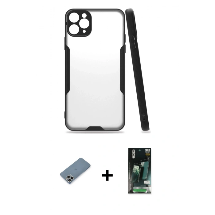 MARSİLYAN™- iPhone 11 Pro Max Kılıf Atlas Asil Serisi - Siyah 360 Mat Full Body Arka Koruyucu + Metal Kamera Lens Koruma Cam - GS