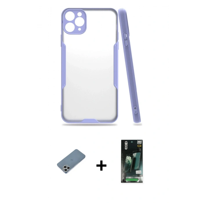 MARSİLYAN™- iPhone 11 Pro Max Kılıf Atlas Asil Serisi - Siyah 360 Mat Full Body Arka Koruyucu + Shine Kamera Lens Koruma Cam - GS