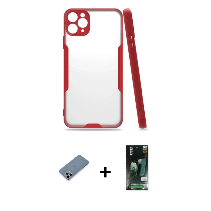 MARSİLYAN™- iPhone 11 Pro Max Kılıf Atlas Asil Serisi - Siyah 360 Mat Full Body Arka Koruyucu + Metal Kamera Lens Koruma Cam - MR