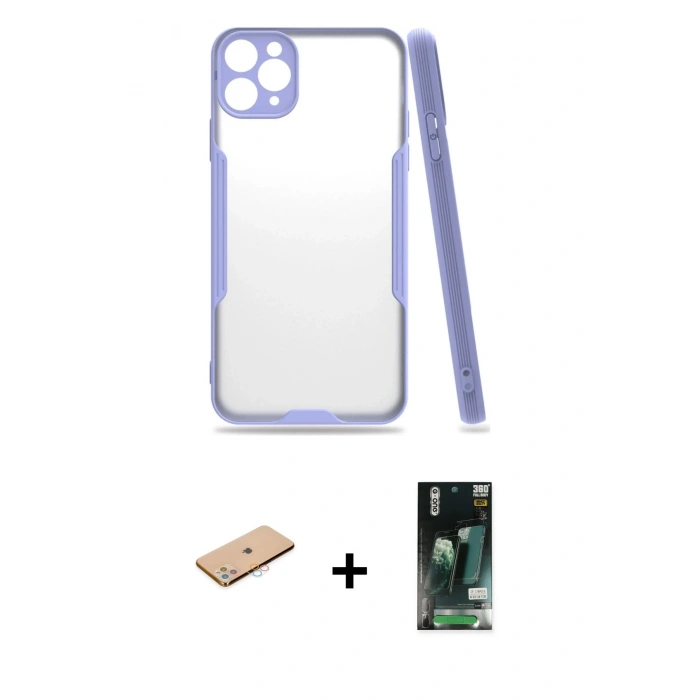 MARSİLYAN™- iPhone 11 Pro Max Kılıf Atlas Asil Serisi - Siyah 360 Mat Full Body Arka Koruyucu + Renkli Kamera Lens Koruma Cam - PE