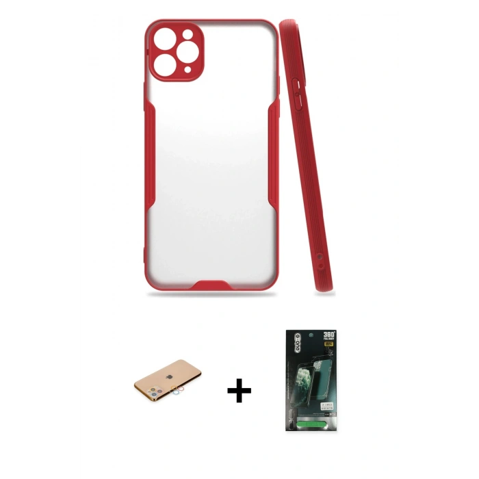 MARSİLYAN™- iPhone 11 Pro Max Kılıf Atlas Asil Serisi - Siyah 360 Mat Full Body Arka Koruyucu + Renkli Kamera Lens Koruma Cam - PE
