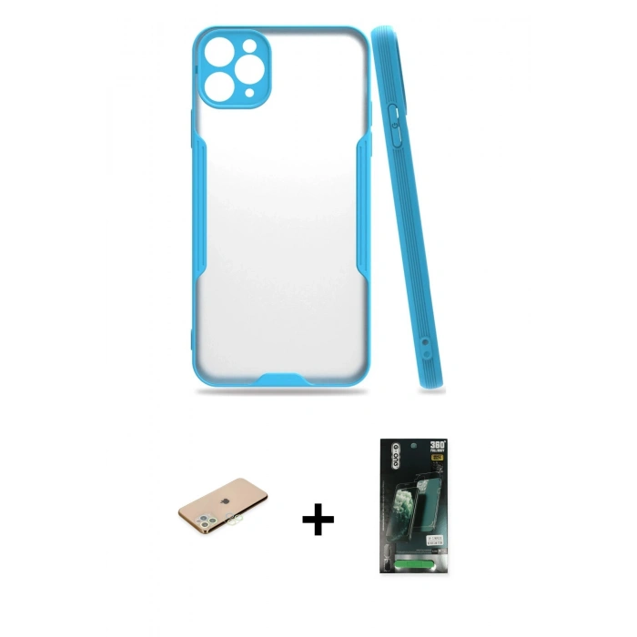 MARSİLYAN™- iPhone 11 Pro Max Kılıf Atlas Asil Serisi - Siyah 360 Mat Full Body Arka Koruyucu + Renkli Kamera Lens Koruma Cam - YL