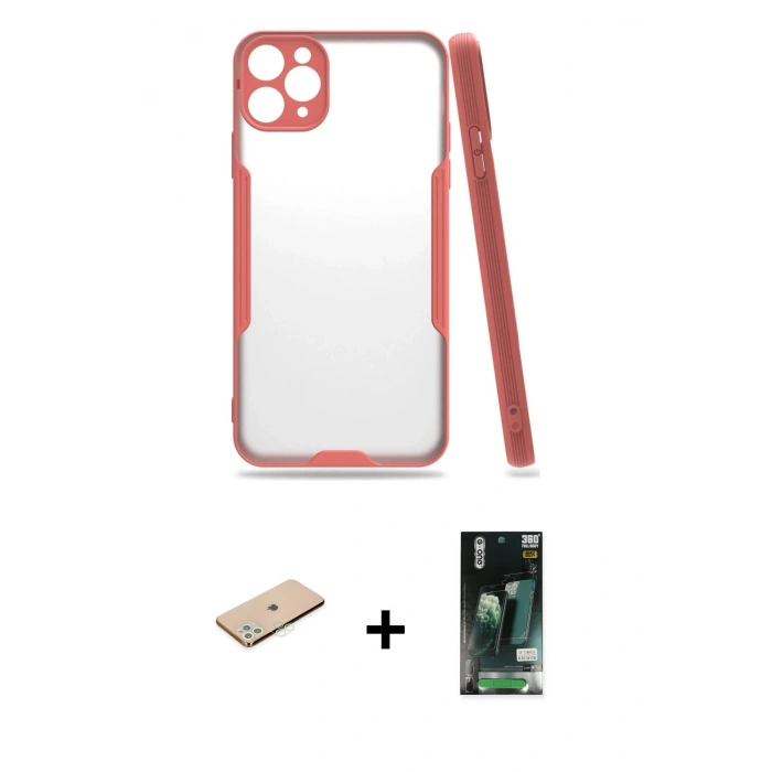 MARSİLYAN™- iPhone 11 Pro Max Kılıf Atlas Asil Serisi - Siyah 360 Mat Full Body Arka Koruyucu + Renkli Kamera Lens Koruma Cam - YL