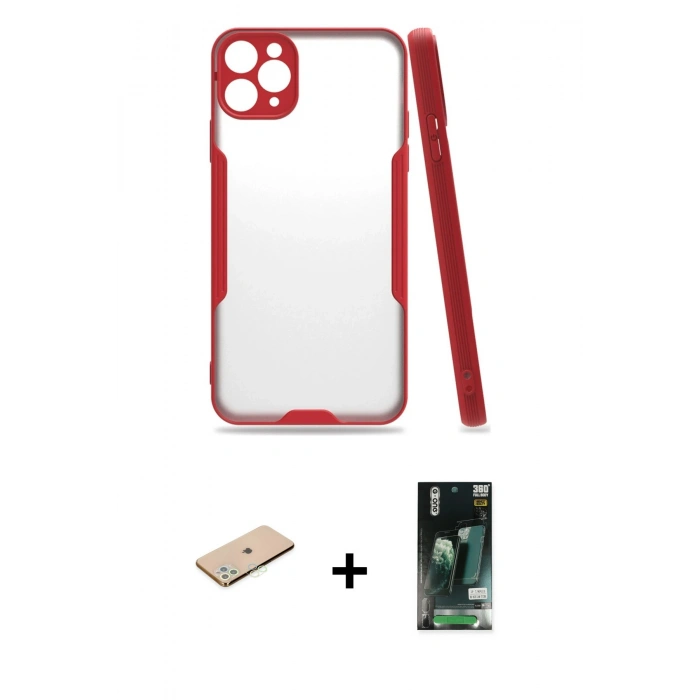 MARSİLYAN™- iPhone 11 Pro Max Kılıf Atlas Asil Serisi - Siyah 360 Mat Full Body Arka Koruyucu + Renkli Kamera Lens Koruma Cam - YL
