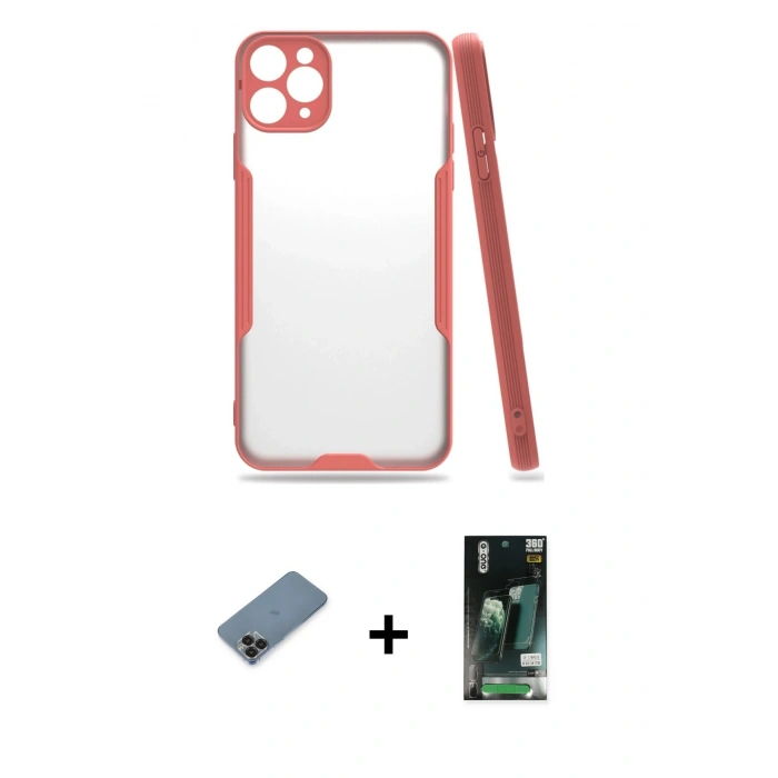 MARSİLYAN™- iPhone 11 Pro Max Kılıf Atlas Asil Serisi - Siyah 360 Mat Full Body Arka Koruyucu + Metal Kamera Lens Koruma Cam - SH