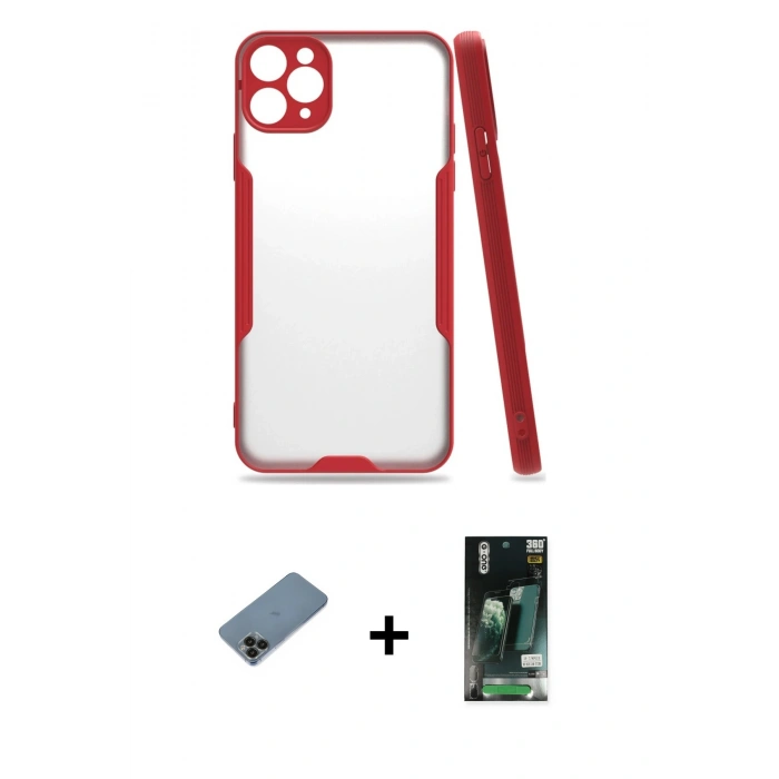 MARSİLYAN™- iPhone 11 Pro Max Kılıf Atlas Asil Serisi - Siyah 360 Mat Full Body Arka Koruyucu + Shine Kamera Lens Koruma Cam - SH