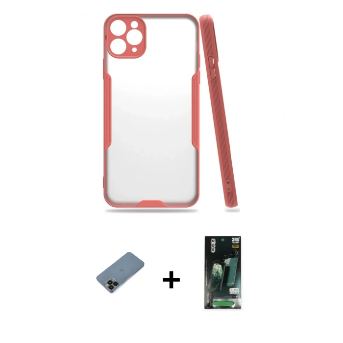 MARSİLYAN™- iPhone 11 Pro Max Kılıf Atlas Asil Serisi - Siyah 360 Mat Full Body Arka Koruyucu + Shine Kamera Lens Koruma Cam - SH