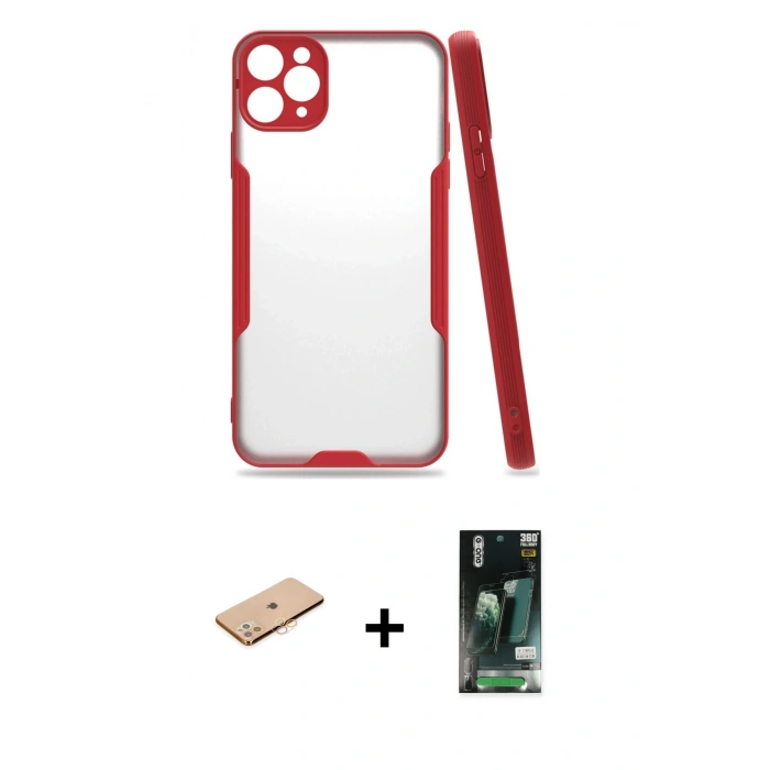MARSİLYAN™- iPhone 11 Pro Max Kılıf Atlas Asil Serisi - Siyah 360 Mat Full Body Arka Koruyucu + Renkli Kamera Lens Koruma Cam - TU