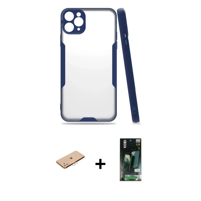 MARSİLYAN™- iPhone 11 Pro Max Kılıf Atlas Asil Serisi - Siyah 360 Mat Full Body Arka Koruyucu + Renkli Kamera Lens Koruma Cam - TU