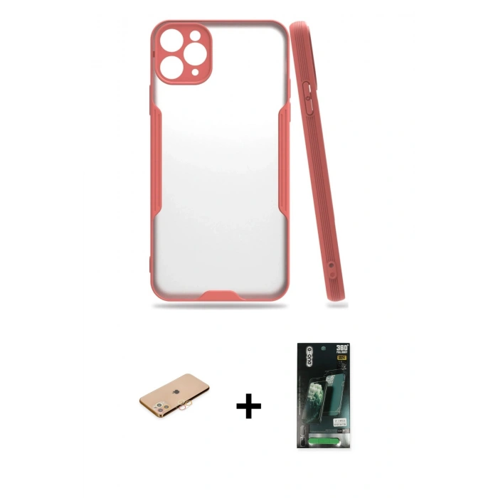 MARSİLYAN™- iPhone 11 Pro Max Kılıf Atlas Asil Serisi - Siyah 360 Mat Full Body Arka Koruyucu + Renkli Kamera Lens Koruma Cam - TU