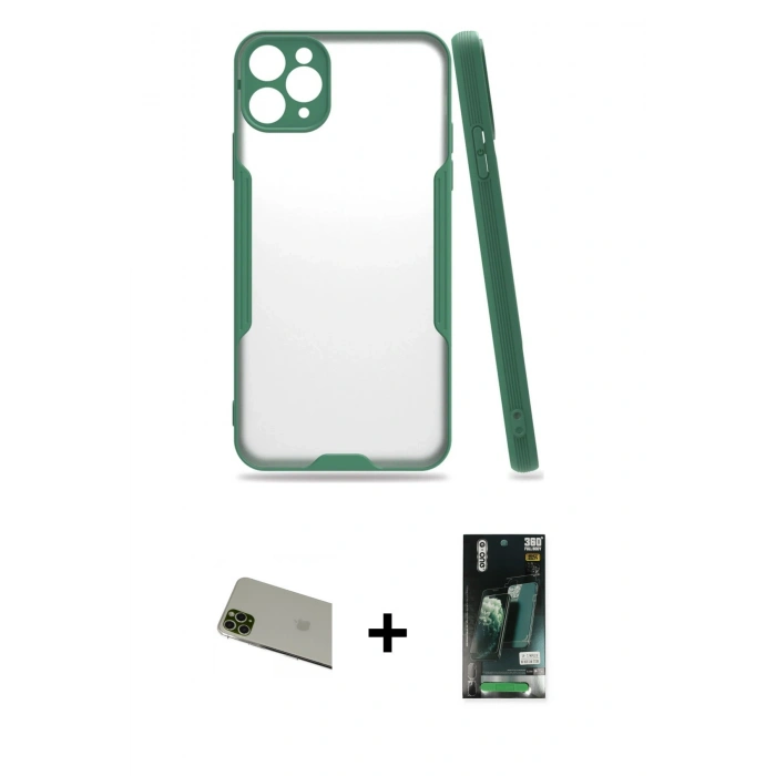 MARSİLYAN™- iPhone 11 Pro Max Kılıf Atlas Asil Serisi - Siyah 360 Mat Full Body Arka Koruyucu + Rainbow Kamera Lens Koruma Cam - YL