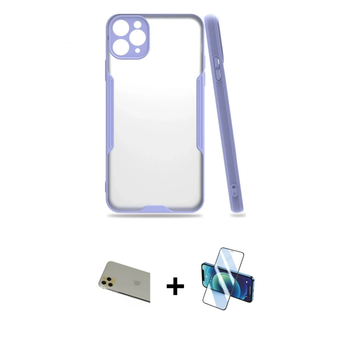 MARSİLYAN™- iPhone 11 Pro Max Kılıf Atlas Asil Serisi - Siyah 3D Antistatik Cam Ekran Koruyucu + Rainbow Kamera Lens Koruma Cam - GD