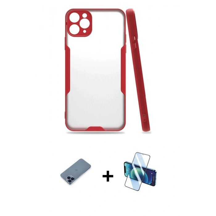 MARSİLYAN™- iPhone 11 Pro Max Kılıf Atlas Asil Serisi - Siyah 3D Antistatik Cam Ekran Koruyucu + Metal Kamera Lens Koruma Cam - MI