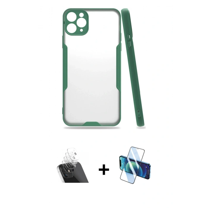 MARSİLYAN™- iPhone 11 Pro Max Kılıf Atlas Asil Serisi - Siyah 3D Antistatik Cam Ekran Koruyucu + Kamera Lens Koruma Cam - SF