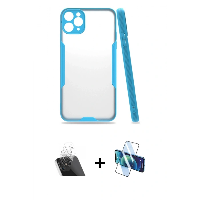 MARSİLYAN™- iPhone 11 Pro Max Kılıf Atlas Asil Serisi - Siyah 3D Antistatik Cam Ekran Koruyucu + Kamera Lens Koruma Cam - SF