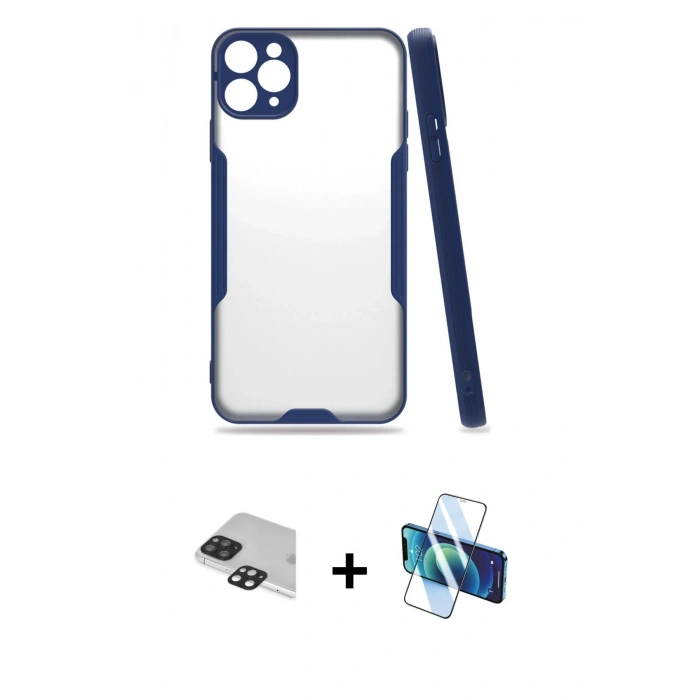 MARSİLYAN™- iPhone 11 Pro Max Kılıf Atlas Asil Serisi - Siyah 3D Antistatik Cam Ekran Koruyucu + Pers Alüminyum Kamera Lens - SH