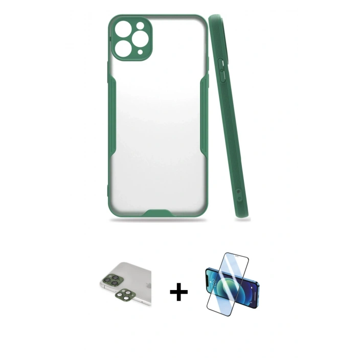 MARSİLYAN™- iPhone 11 Pro Max Kılıf Atlas Asil Serisi - Siyah 3D Antistatik Cam Ekran Koruyucu + Pers Alüminyum Kamera Lens - YL