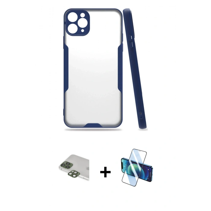 MARSİLYAN™- iPhone 11 Pro Max Kılıf Atlas Asil Serisi - Siyah 3D Antistatik Cam Ekran Koruyucu + Pers Alüminyum Kamera Lens - YL