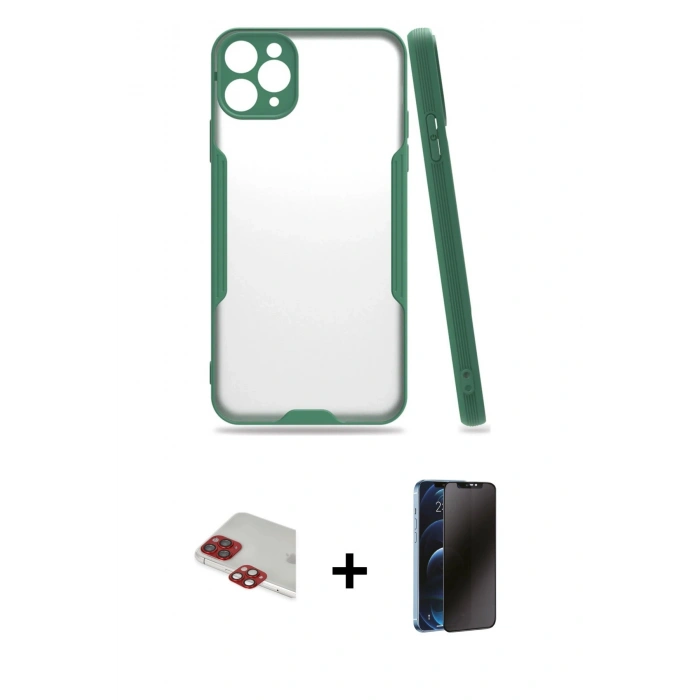 MARSİLYAN™- iPhone 11 Pro Max Kılıf Atlas Asil Serisi - Siyah 3D Antistatik Hayalet Cam Ekran Koruyucu + Pers Alüminyum Kamera Lens - KI